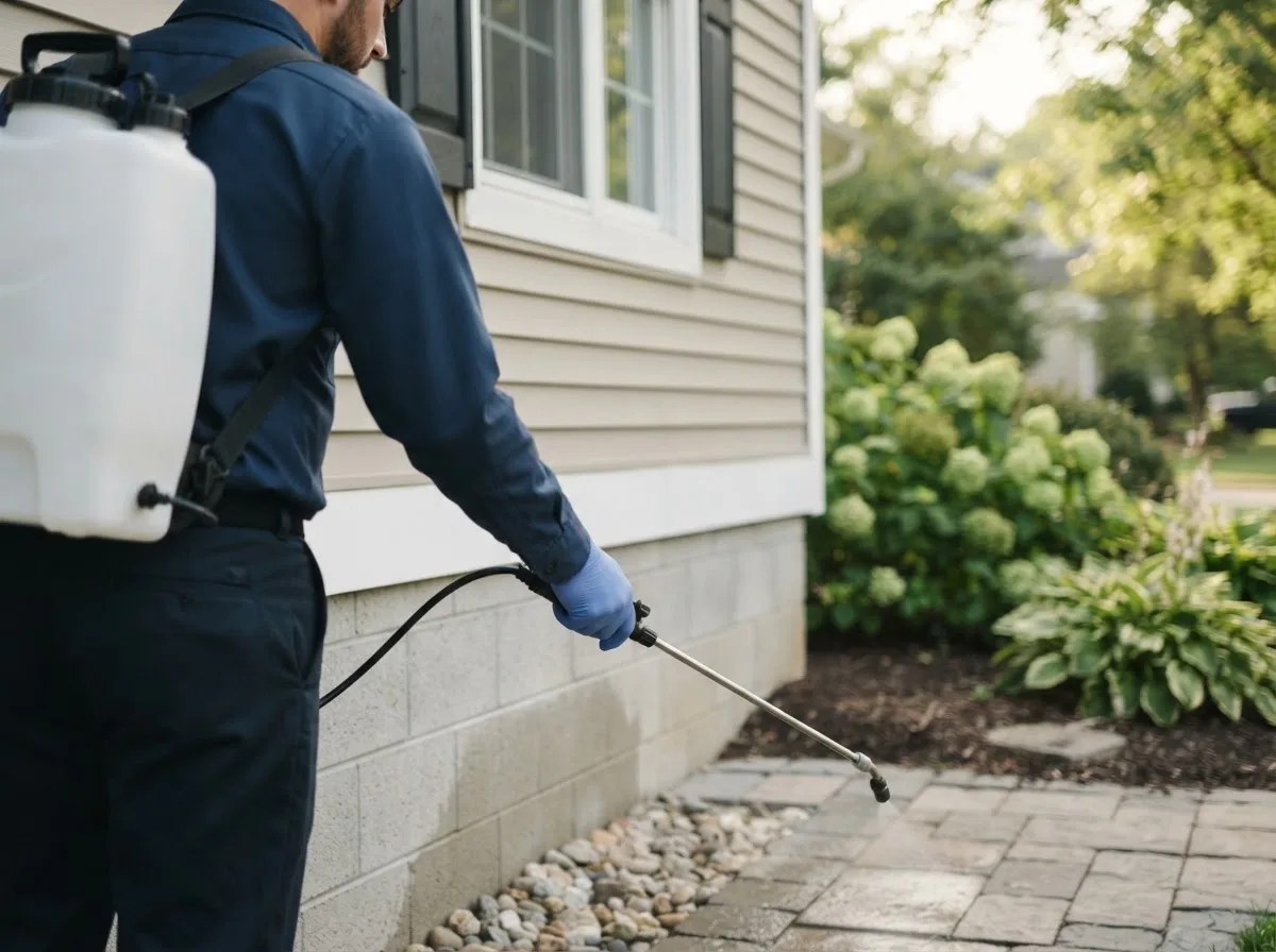 Pest control technician inspecting a home in Anadarko, OK